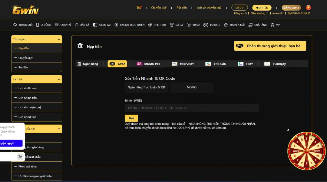 Cách nạp tiền vào nhà cái Gwin
